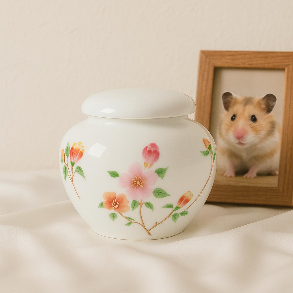Small Hand-Painted Floral Ceramic Pet Urn | Oriental Ashes Keepsake Jar | Pet Memorial Gift | Tea Jar｜Pet Cremation Container for Small Pets