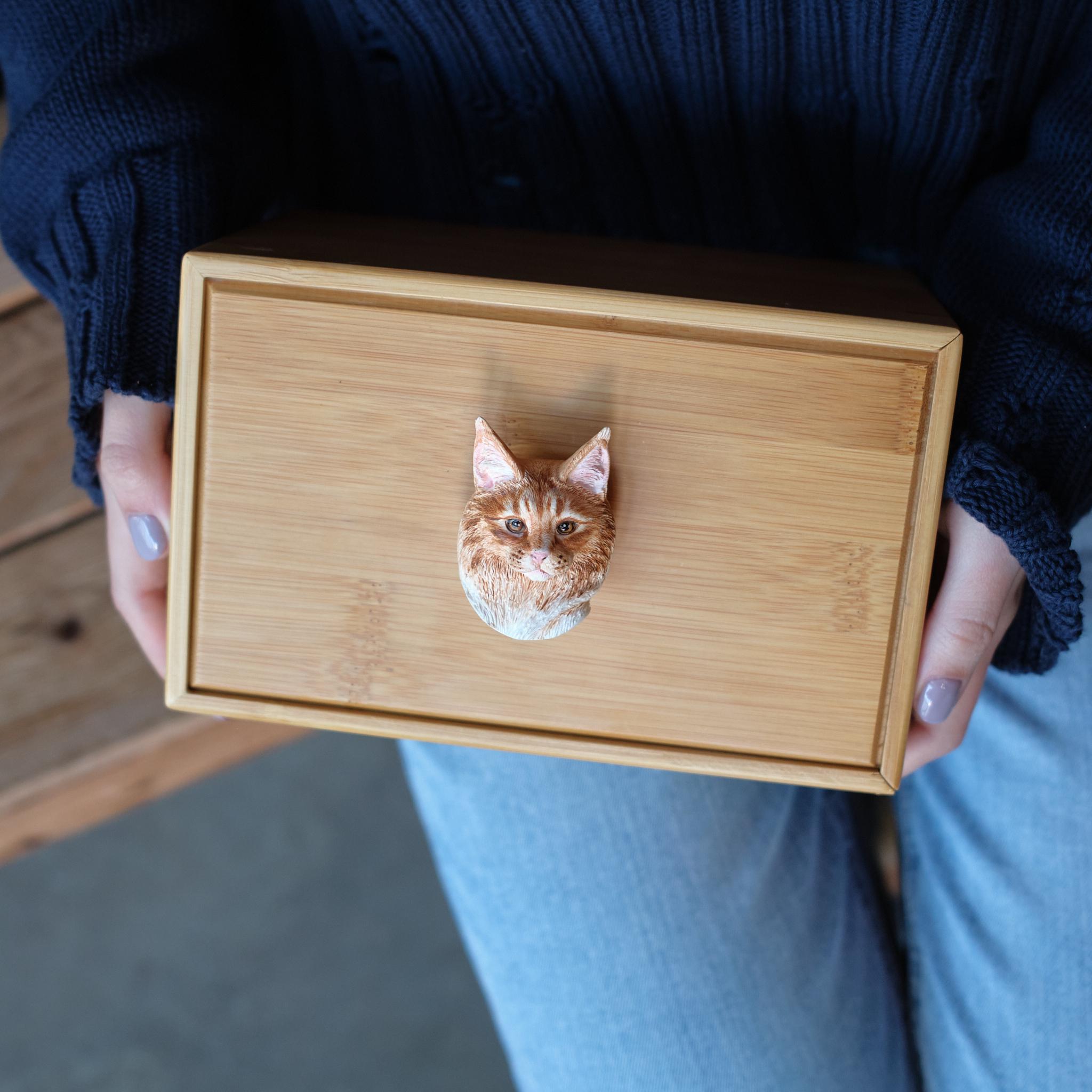 Handcrafted Bamboo Cat Memorial Urn with Realistic Plaster Head from photo, Personalised Pet Ashes Keepsake Box, Eco Friendly Cat Loss Gift