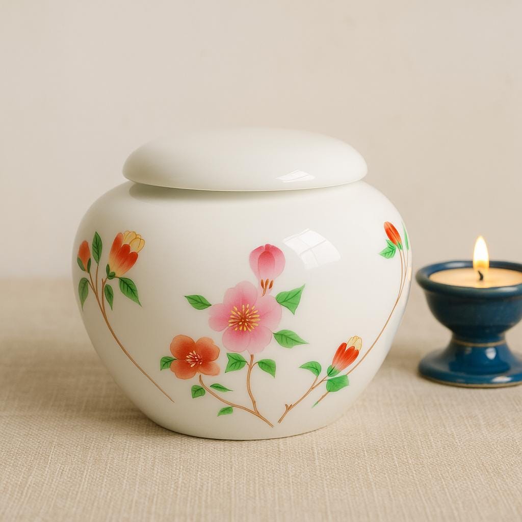 Small Hand-Painted Floral Ceramic Pet Urn | Oriental Ashes Keepsake Jar | Pet Memorial Gift | Tea Jar｜Pet Cremation Container for Small Pets