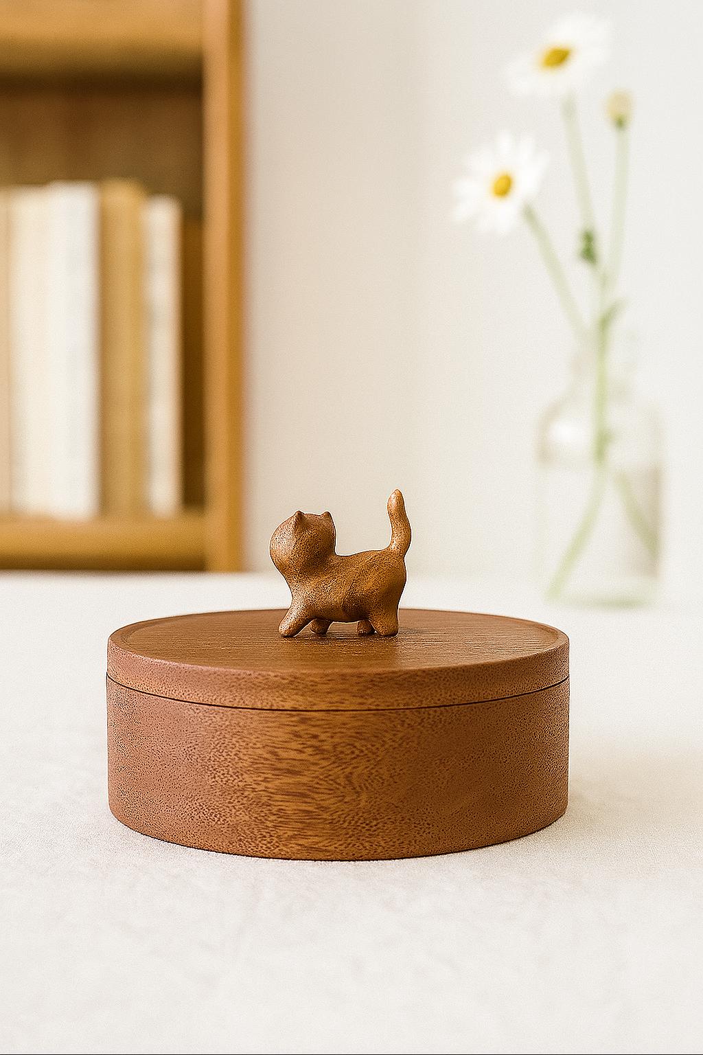 Handmade Wooden Small Cat Whiskers Tooth Fur Keepsake Box｜Urn Yellow Cat Figurine｜Engraved Name on Bottom｜Pet Loss Memorial｜Storage Gift