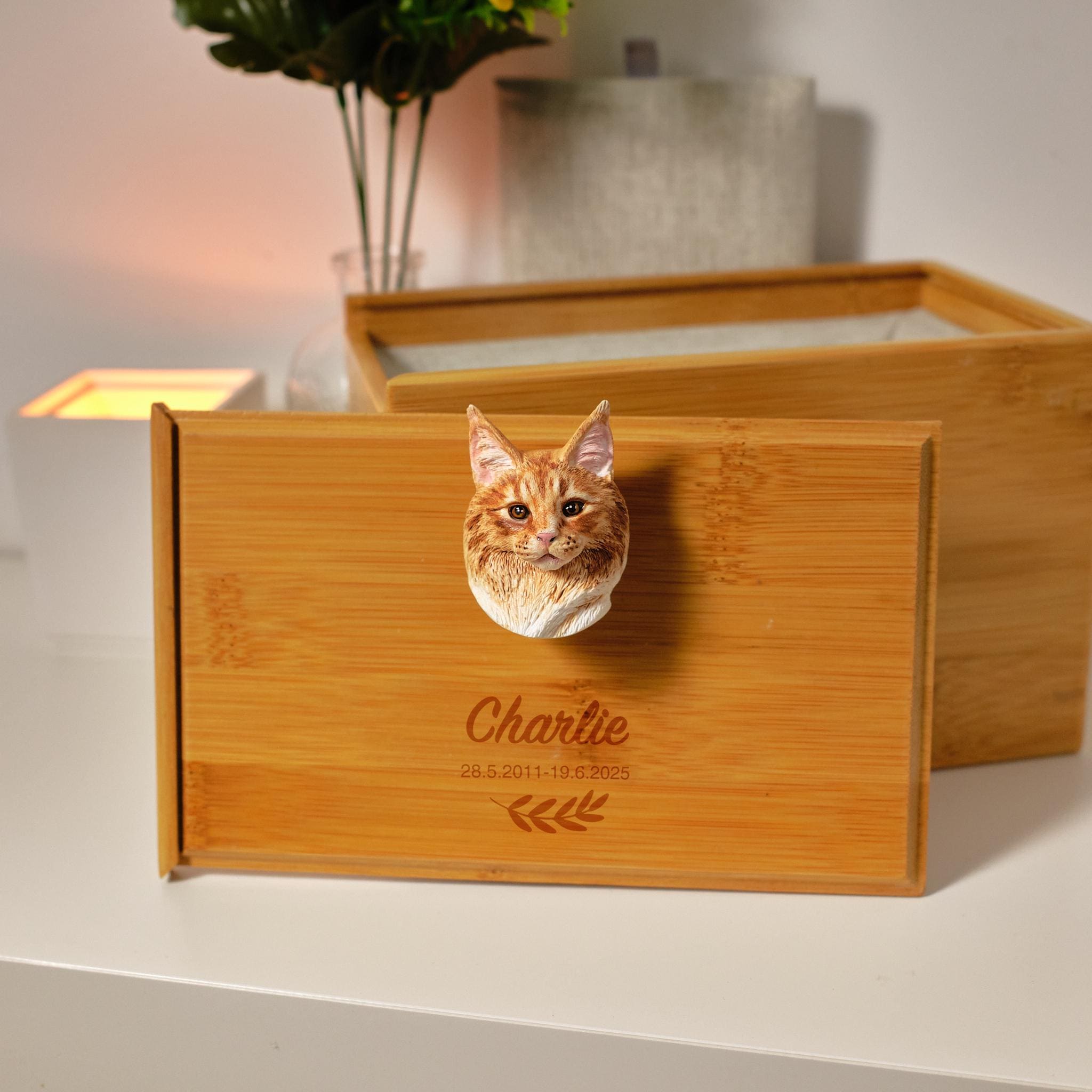 Handcrafted Bamboo Cat Memorial Urn with Realistic Plaster Head from photo, Personalised Pet Ashes Keepsake Box, Eco Friendly Cat Loss Gift