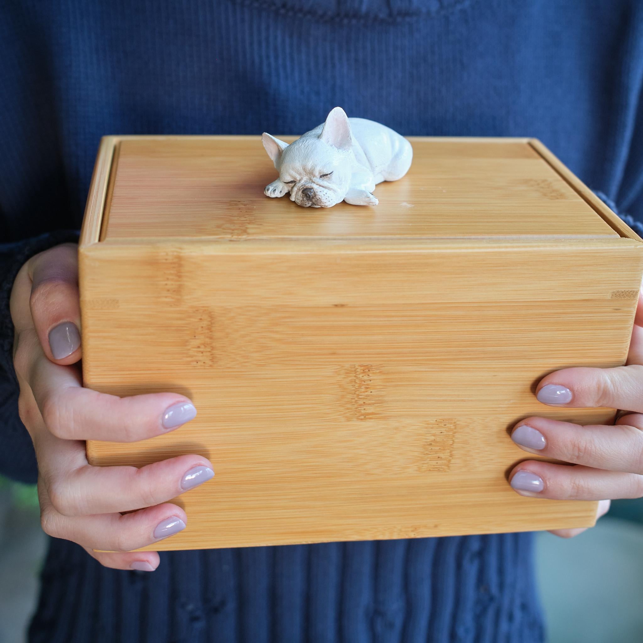 Handmade Dog Bamboo Wooden Urn Box, with Pe Polymer Clay Sculpture from Photo, Personalised Eco Friendly Pet Memorial Keepsake Gift