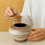 Japanese Rustic Ceramic Pet Urn with Bamboo Lid – Saturn Style Handmade Ashes Jar for Dog Cat, Pet Memorial Keepsake Gift, Tea Jar