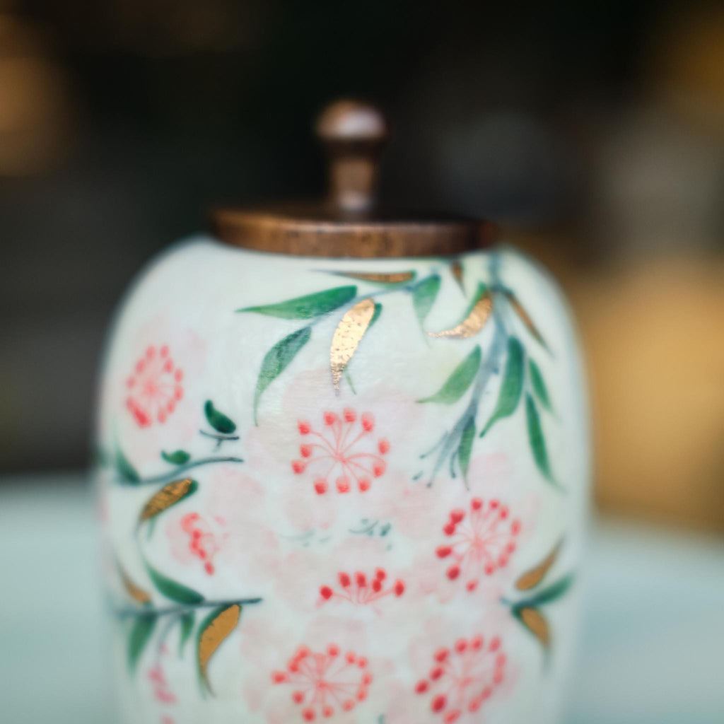 Small Handmade Ceramic Peach Blossom Urn with Wooden Lid | Oriental Pet Ashes Keepsake Jar | Pet Memorial Gift | Floral Decorative Tea Jar