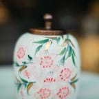 Small Handmade Ceramic Peach Blossom Urn with Wooden Lid | Oriental Pet Ashes Keepsake Jar | Pet Memorial Gift | Floral Decorative Tea Jar