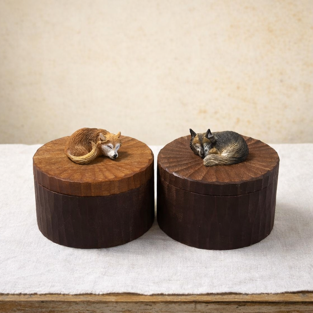 Custom Dog Pose Wooden Urn with Hand Carved Figurine, Small & Large Pet Memorial Urn, Personalised Natural Wood Ashes Box