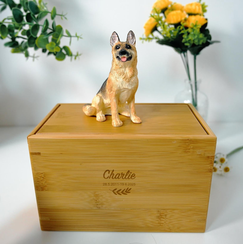 Custom Dog Polymer Clay Sculpture from Photo with Large Bamboo Wooden Urn Box, Handmade Eco Friendly Pet Memorial Keepsake Gift