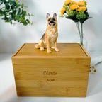 Custom Dog Polymer Clay Sculpture from Photo with Large Bamboo Wooden Urn Box, Handmade Eco Friendly Pet Memorial Keepsake Gift