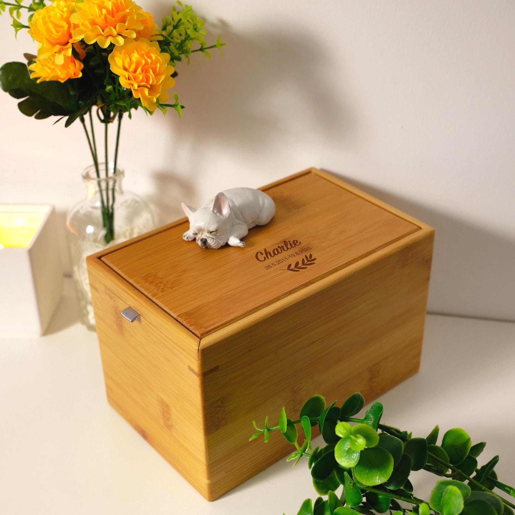 Handmade Dog Bamboo Wooden Urn Box, with Pe Polymer Clay Sculpture from Photo, Personalised Eco Friendly Pet Memorial Keepsake Gift