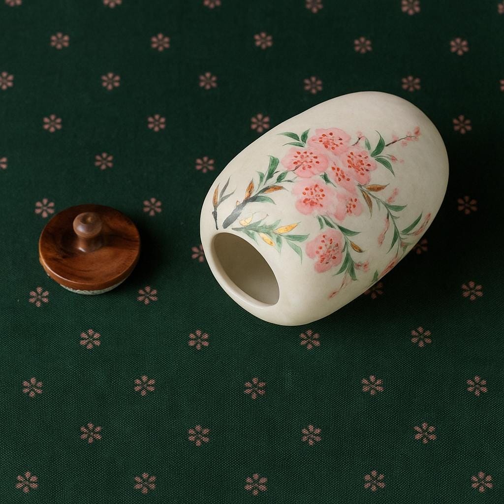 Small Handmade Ceramic Peach Blossom Urn with Wooden Lid | Oriental Pet Ashes Keepsake Jar | Pet Memorial Gift | Floral Decorative Tea Jar