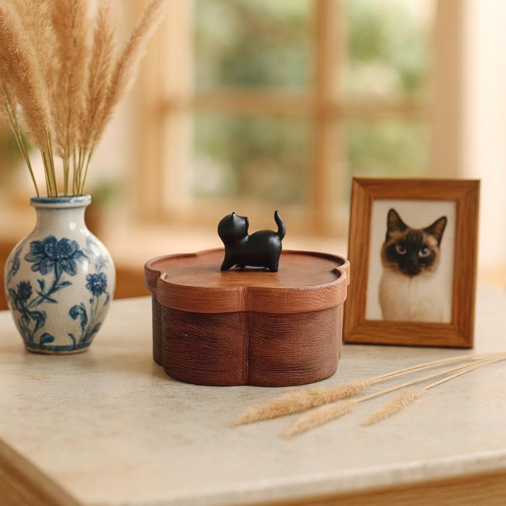 Handmade Wooden Flower Shaped Cat Urn | Small Keepsake Box with Cat Figurine | Memorial Box for Ashes | Pet Loss Gift | Pet Remembrance