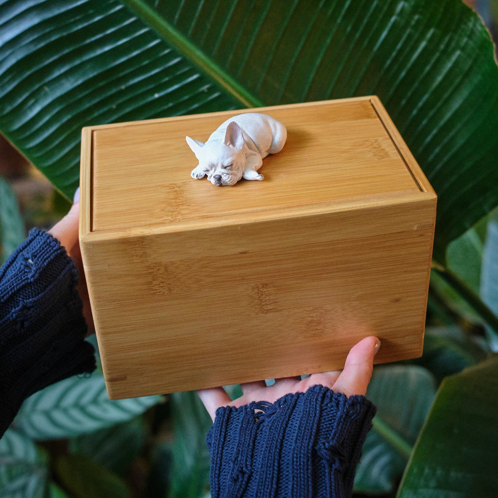 Handmade Dog Bamboo Wooden Urn Box, with Pe Polymer Clay Sculpture from Photo, Personalised Eco Friendly Pet Memorial Keepsake Gift