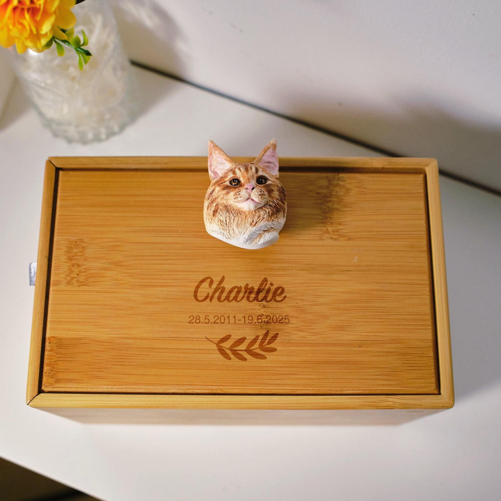 Handcrafted Bamboo Cat Memorial Urn with Realistic Plaster Head from photo, Personalised Pet Ashes Keepsake Box, Eco Friendly Cat Loss Gift