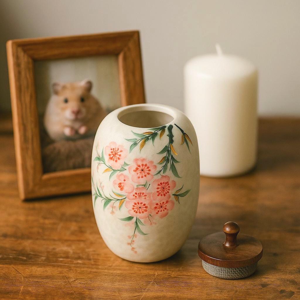 Small Handmade Ceramic Peach Blossom Urn with Wooden Lid | Oriental Pet Ashes Keepsake Jar | Pet Memorial Gift | Floral Decorative Tea Jar