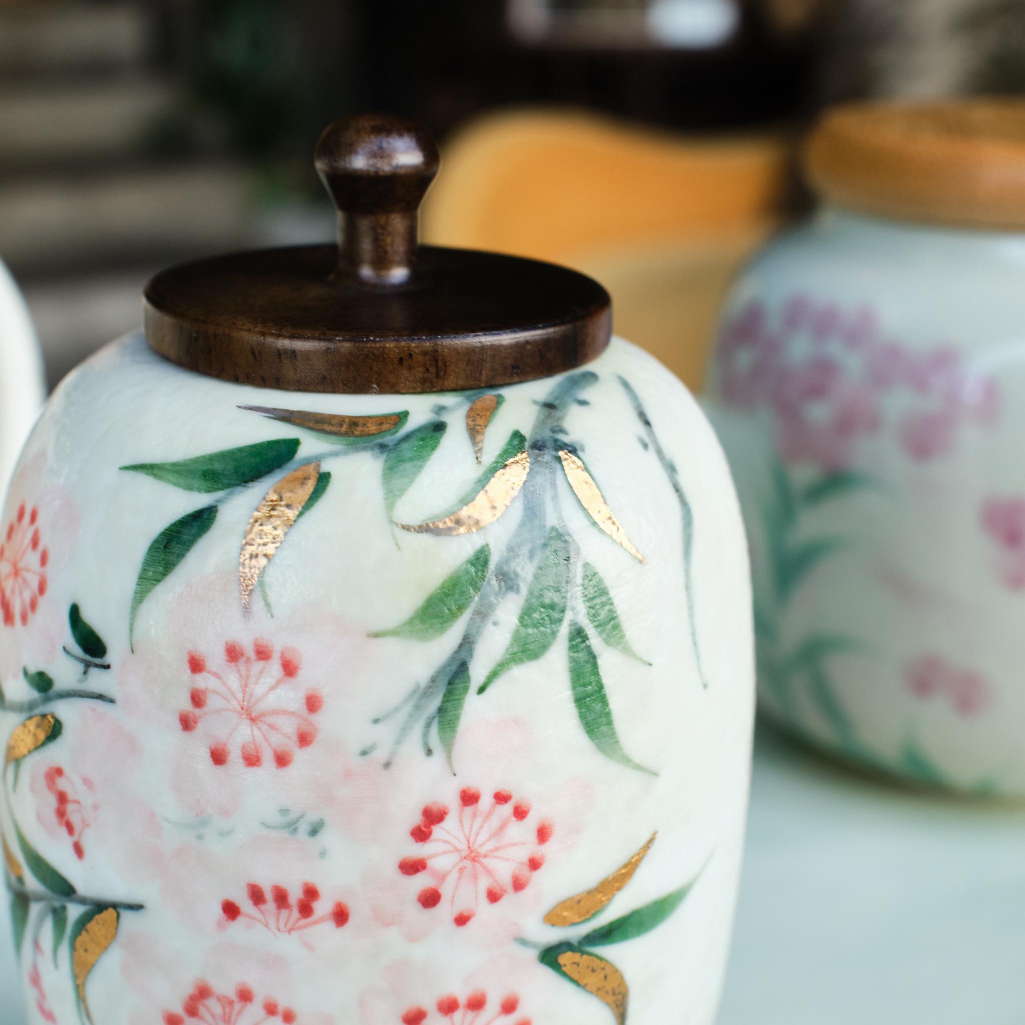 Small Handmade Ceramic Peach Blossom Urn with Wooden Lid | Oriental Pet Ashes Keepsake Jar | Pet Memorial Gift | Floral Decorative Tea Jar