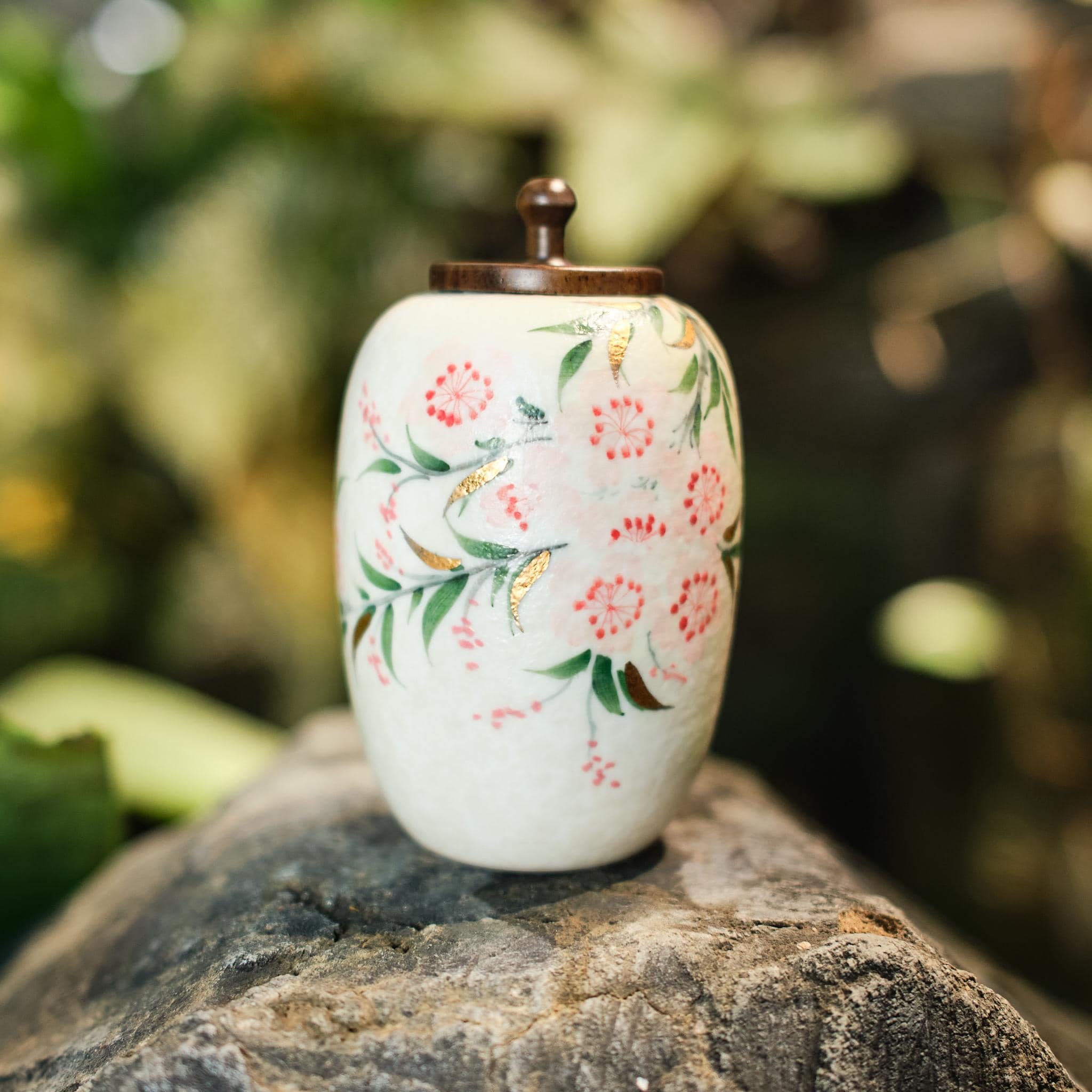 Small Handmade Ceramic Peach Blossom Urn with Wooden Lid | Oriental Pet Ashes Keepsake Jar | Pet Memorial Gift | Floral Decorative Tea Jar