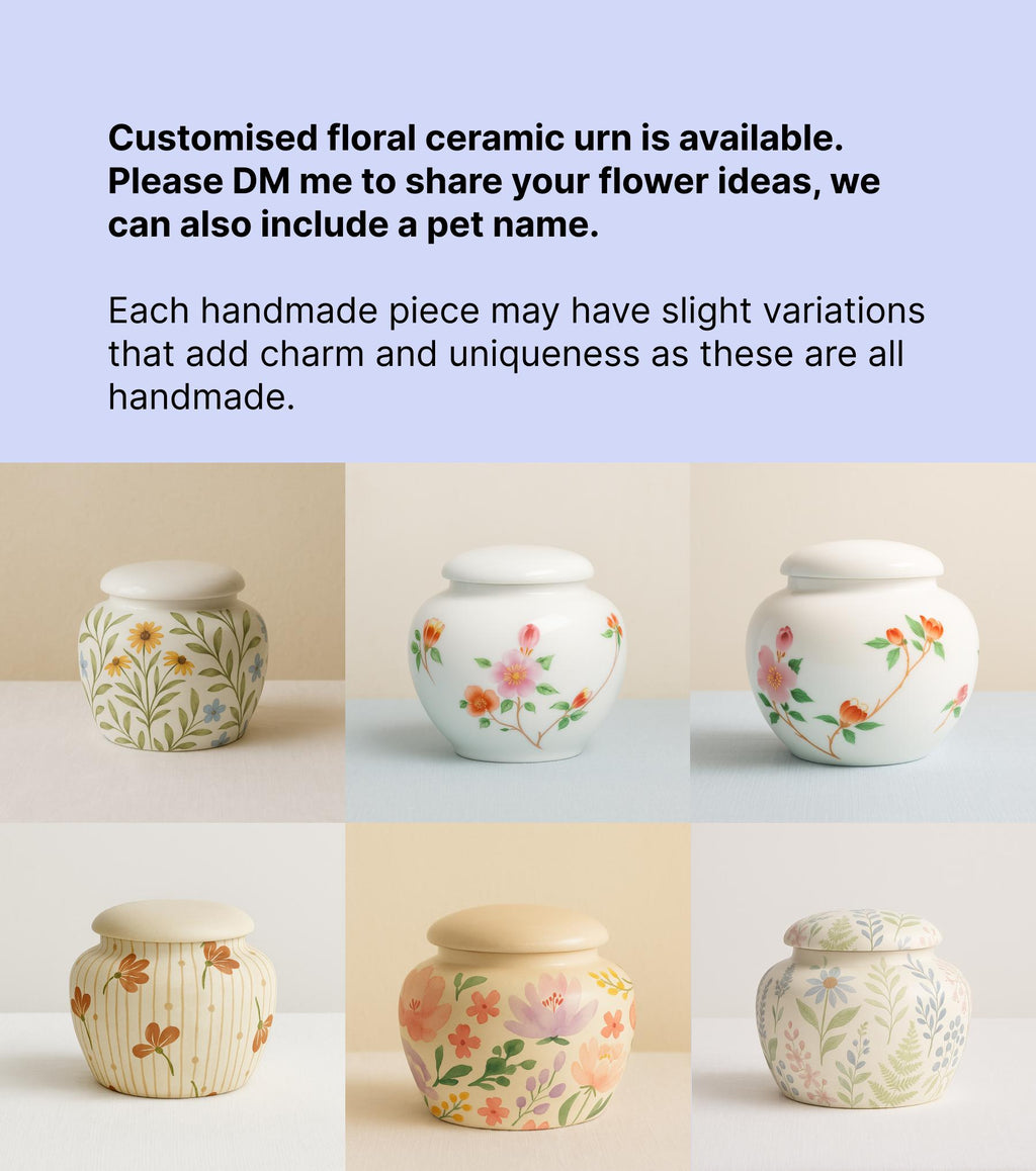 Small Hand-Painted Floral Ceramic Pet Urn | Oriental Ashes Keepsake Jar | Pet Memorial Gift | Tea Jar｜Pet Cremation Container for Small Pets