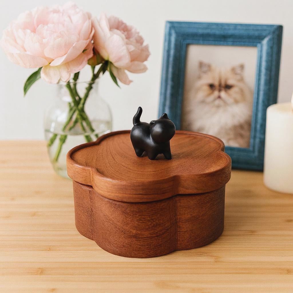 Handmade Wooden Flower Shaped Cat Urn | Small Keepsake Box with Cat Figurine | Memorial Box for Ashes | Pet Loss Gift | Pet Remembrance