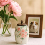 Small Handmade Ceramic Peach Blossom Urn with Wooden Lid | Oriental Pet Ashes Keepsake Jar | Pet Memorial Gift | Floral Decorative Tea Jar