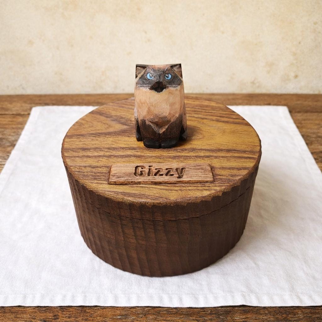 Handmade Wooden Cat Memorial Urn: Stylistic Painted Cat Figurine from Photo, Bespoke Pet Memorial Gift, Laser Engraving Name