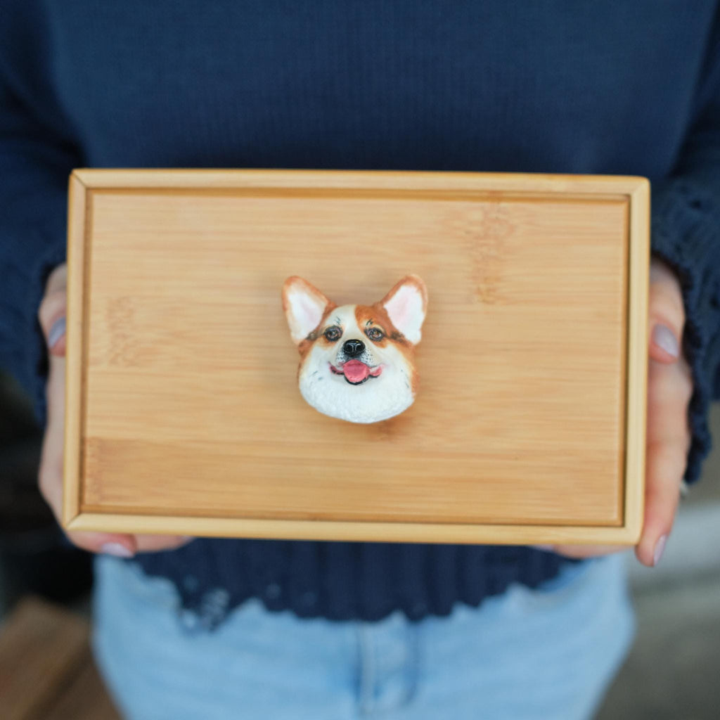 Handcrafted Bamboo Dog Memorial Urn with Realistic Plaster Corgi Head from photo, Personalised Pet Keepsake, Eco Friendly Dog Loss Gift