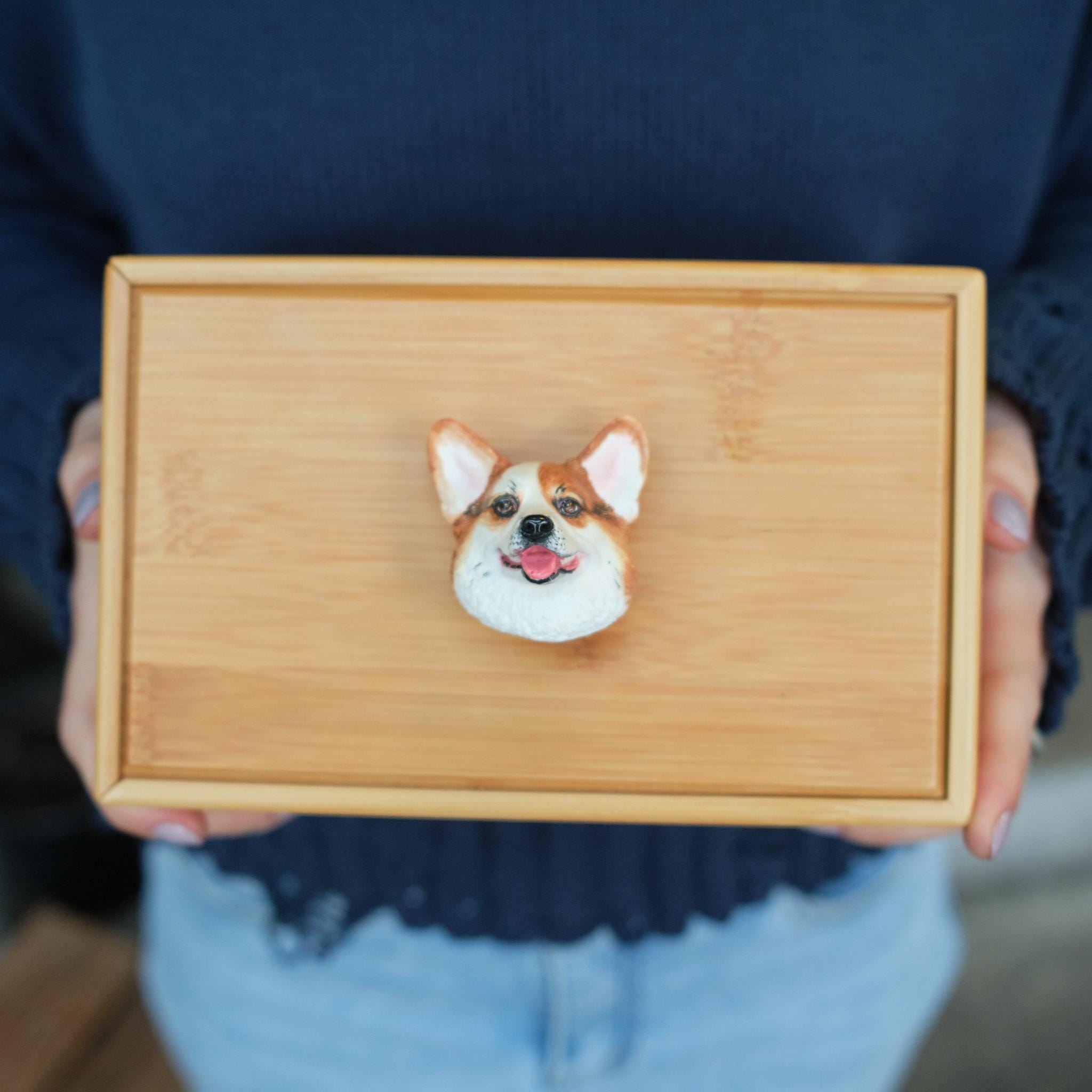 Handcrafted Bamboo Dog Memorial Urn with Realistic Plaster Corgi Head from photo, Personalised Pet Keepsake, Eco Friendly Dog Loss Gift