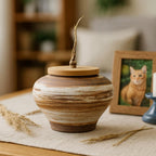 Japanese Rustic Ceramic Pet Urn with Bamboo Lid – Saturn Style Handmade Ashes Jar for Dog Cat, Pet Memorial Keepsake Gift, Tea Jar