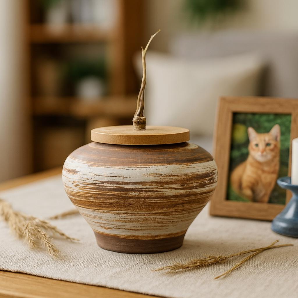 Japanese Rustic Ceramic Pet Urn with Bamboo Lid – Saturn Style Handmade Ashes Jar for Dog Cat, Pet Memorial Keepsake Gift, Tea Jar