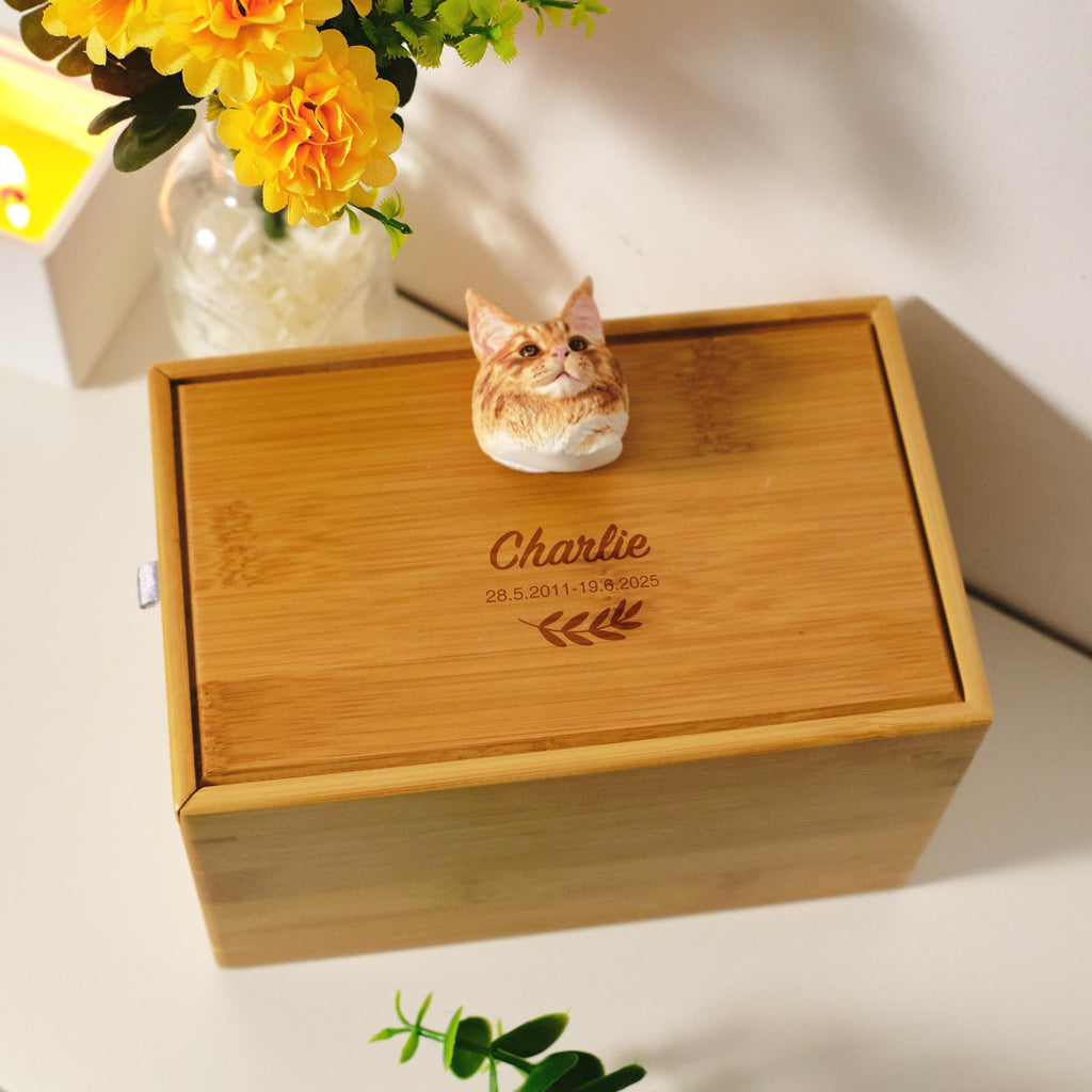 Handcrafted Bamboo Cat Memorial Urn with Realistic Plaster Head from photo, Personalised Pet Ashes Keepsake Box, Eco Friendly Cat Loss Gift