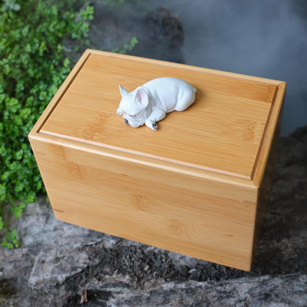 Handmade Dog Bamboo Wooden Urn Box, with Pe Polymer Clay Sculpture from Photo, Personalised Eco Friendly Pet Memorial Keepsake Gift