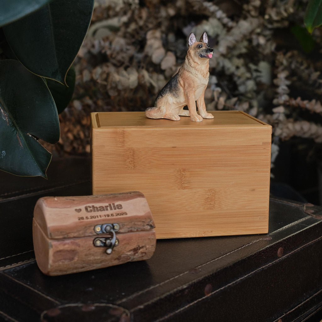 Custom Dog Polymer Clay Sculpture from Photo with Large Bamboo Wooden Urn Box, Handmade Eco Friendly Pet Memorial Keepsake Gift