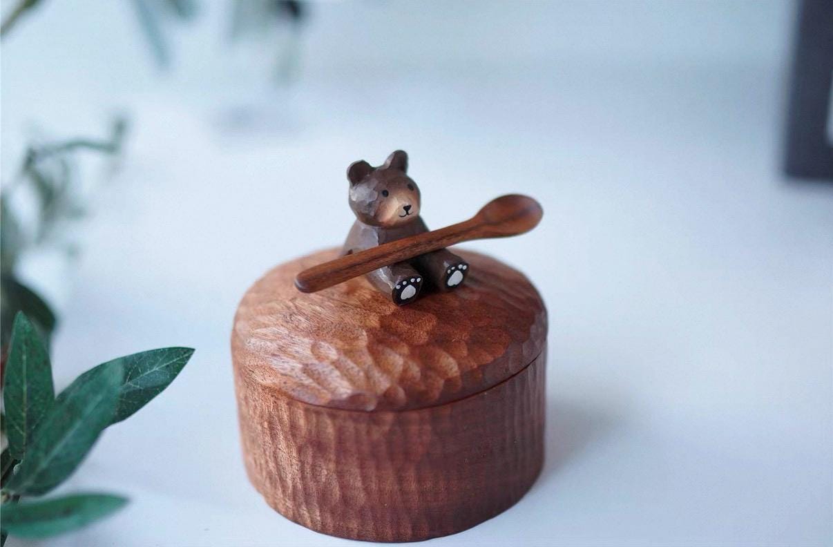 Handmade Wooden Bear Jar | Small Jewellery Box Keepsake Box for Gifts, Rustic Handcrafted Storage Container for Home Décor | Natural Tea Jar