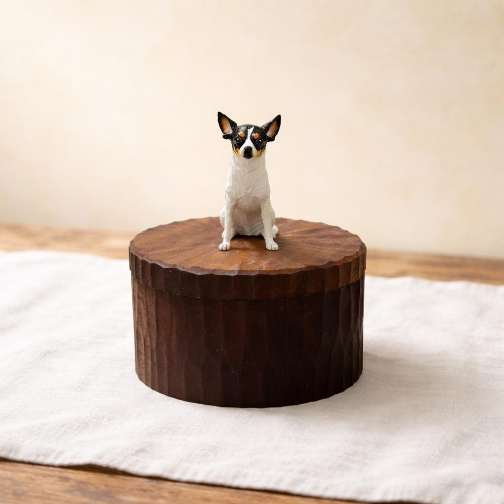 Bespoke Small Wooden Dog Urn, Handmade Carved Box with Personalised Dog Figurine From Photo, Eco Friendly Keepsake Gift