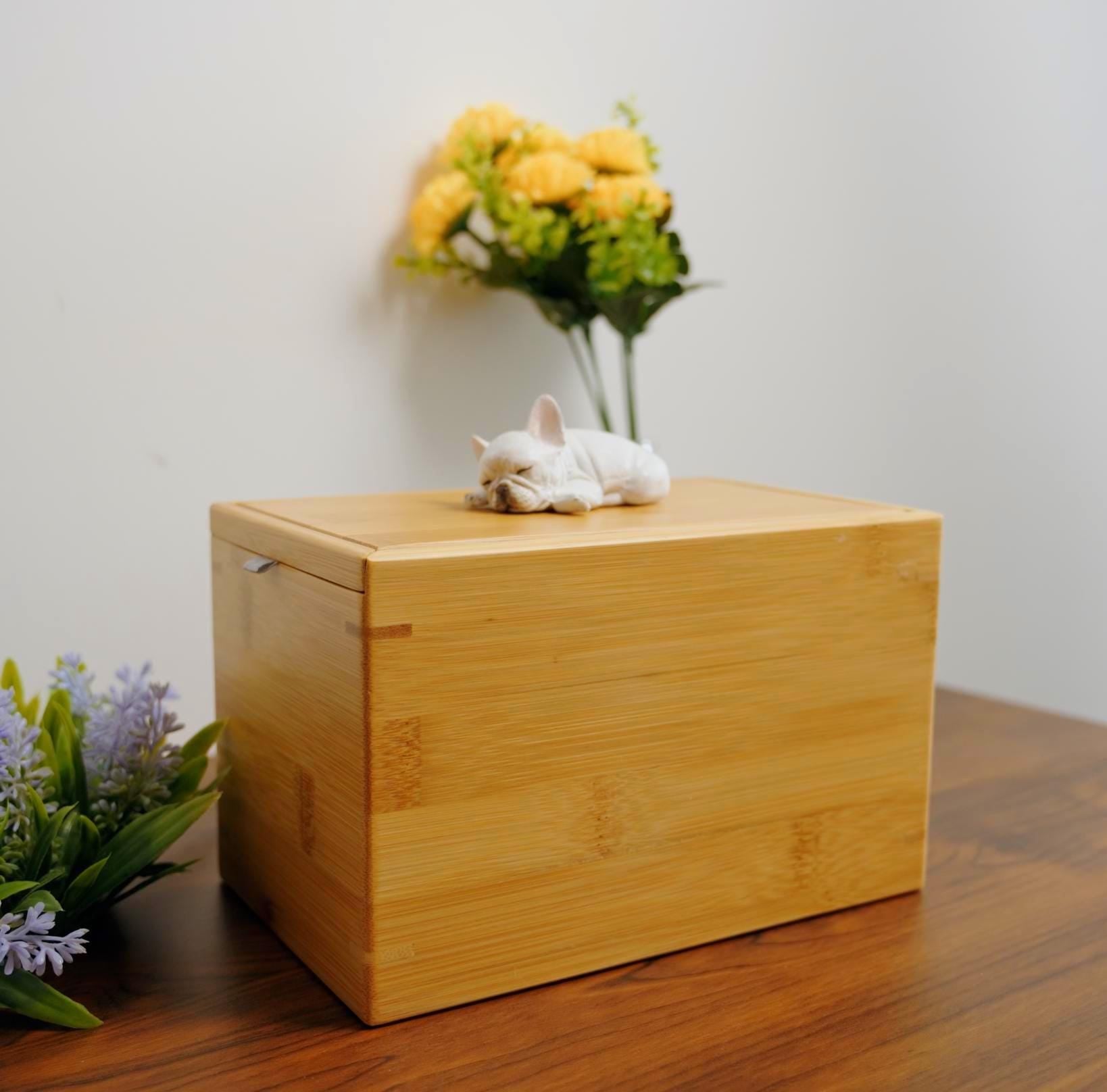 Handmade Dog Bamboo Wooden Urn Box, with Pe Polymer Clay Sculpture from Photo, Personalised Eco Friendly Pet Memorial Keepsake Gift