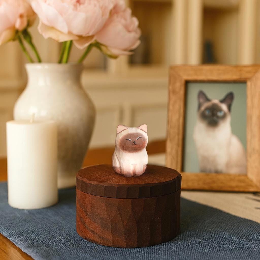 Handmade Wooden Cat Memorial Urn: Siamese Cat Keepsake Box by photo, pet memorial gift, pet personalised keepsake, Jewellery box