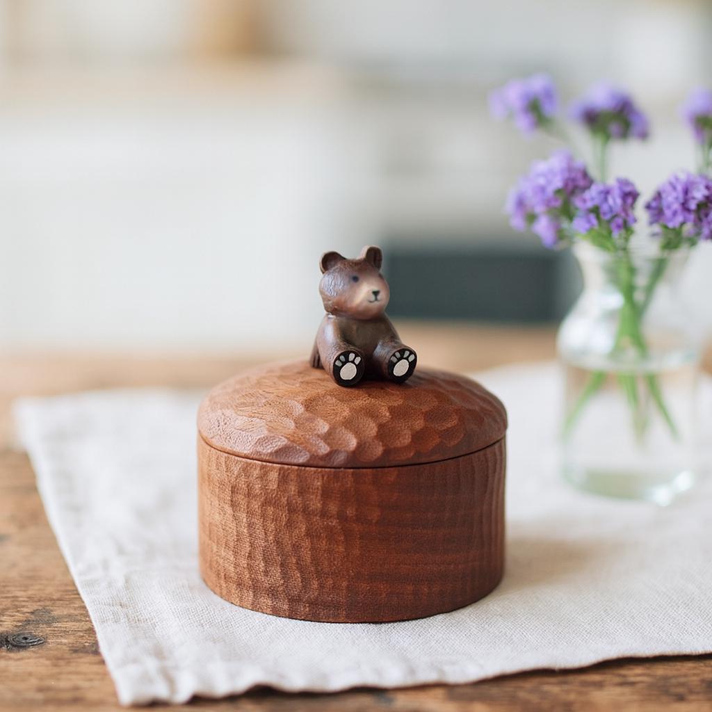 Handmade Wooden Bear Jar | Small Jewellery Box Keepsake Box for Gifts, Rustic Handcrafted Storage Container for Home Décor | Natural Tea Jar