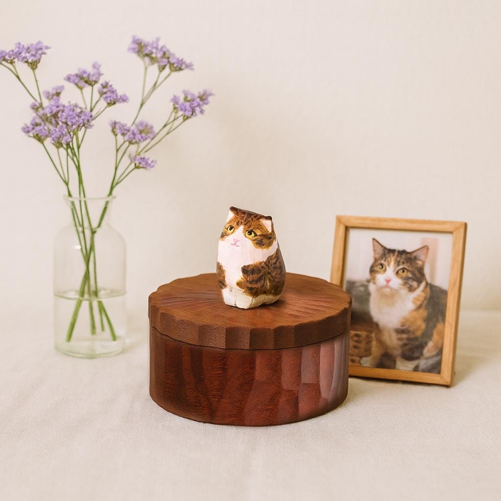 Handmade Wooden Cat Memorial Urn: Stylistic Painted Car Figurine Keepsake by photo, pet memorial gift, pet personalised keepsake