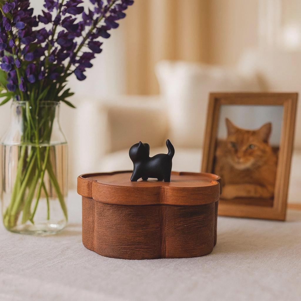 Handmade Wooden Flower Shaped Cat Urn | Small Keepsake Box with Cat Figurine | Memorial Box for Ashes | Pet Loss Gift | Pet Remembrance