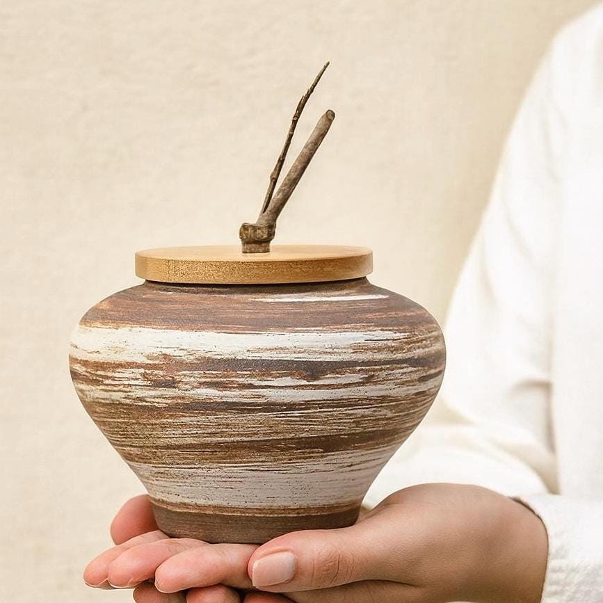 Japanese Rustic Ceramic Pet Urn with Bamboo Lid – Saturn Style Handmade Ashes Jar for Dog Cat, Pet Memorial Keepsake Gift, Tea Jar