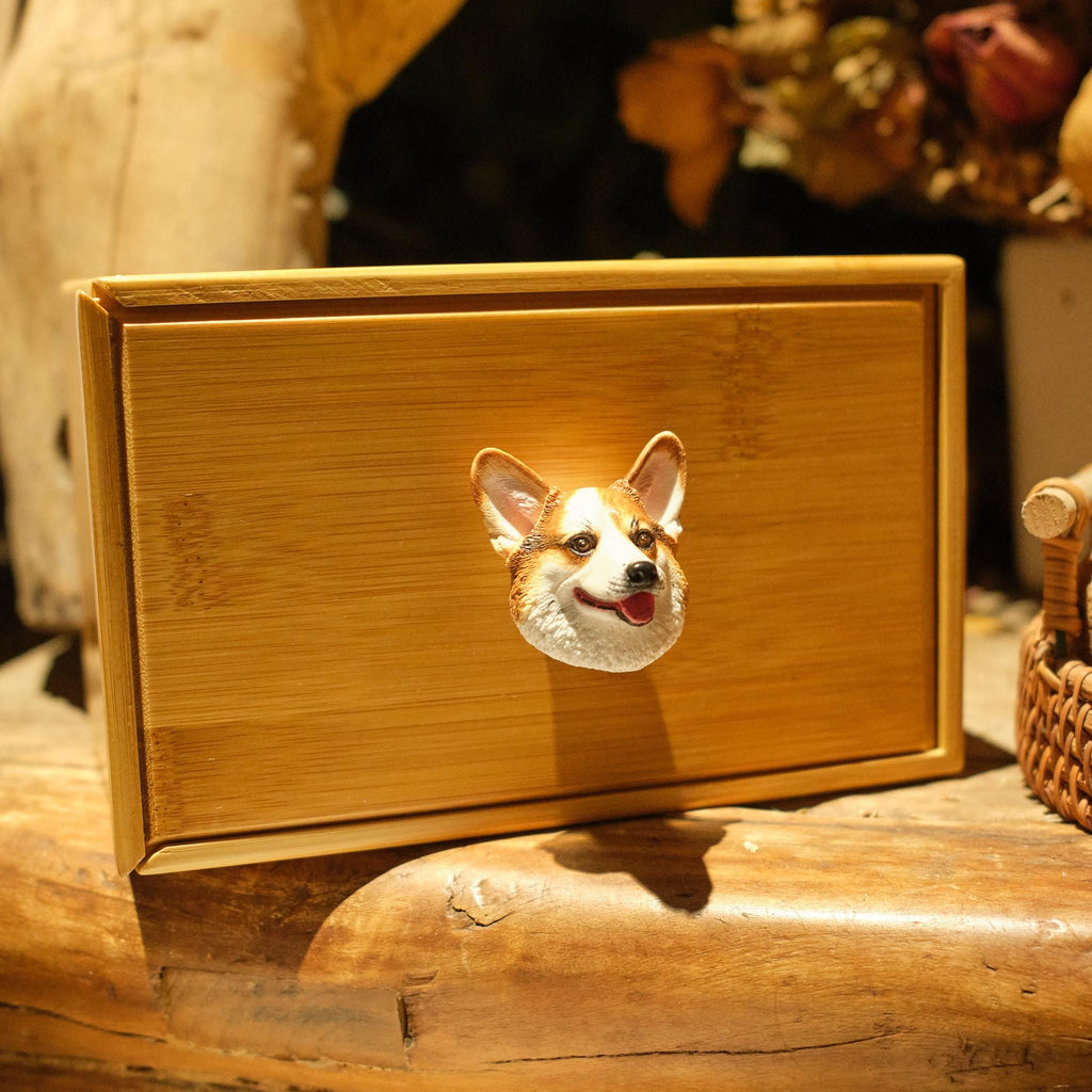 Handcrafted Bamboo Dog Memorial Urn with Realistic Plaster Corgi Head from photo, Personalised Pet Keepsake, Eco Friendly Dog Loss Gift
