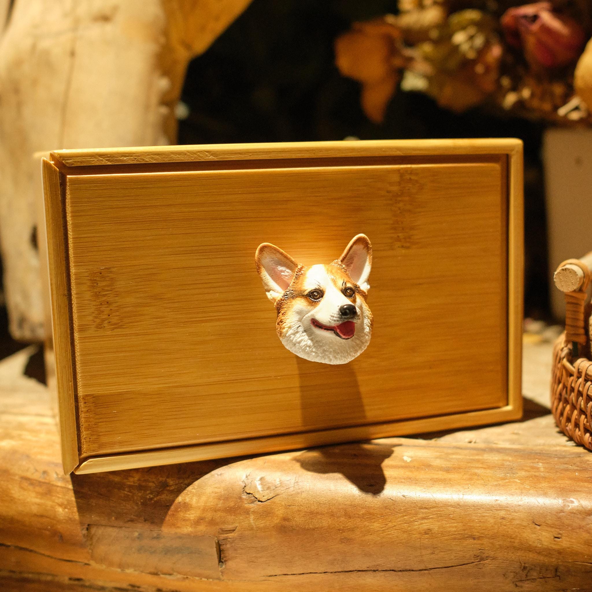 Handcrafted Bamboo Dog Memorial Urn with Realistic Plaster Corgi Head from photo, Personalised Pet Keepsake, Eco Friendly Dog Loss Gift