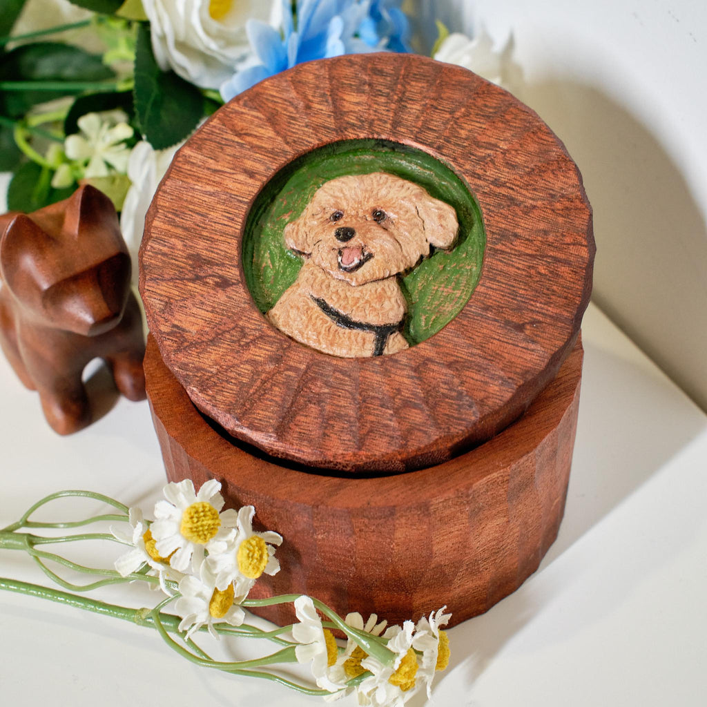 Custom Wooden Pet Memorial Urn with Hand Carved Portrait on Lid | Personalised Dog Cat Keepsake from Photo | Pet Loss Gift | Handmade Box