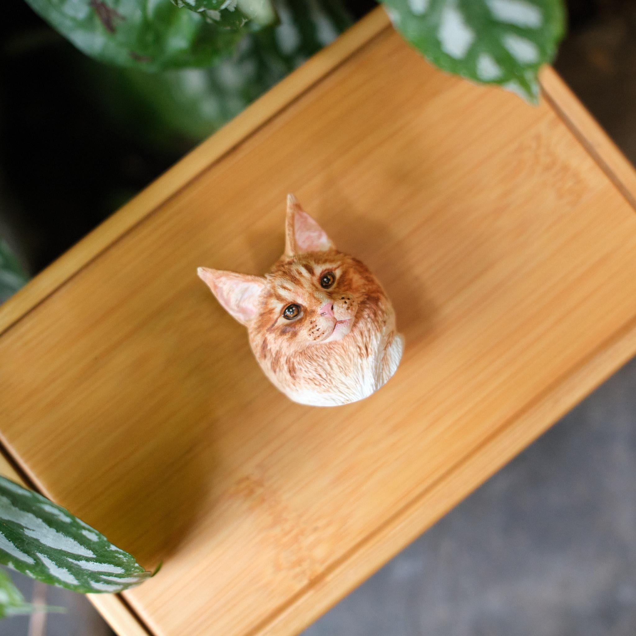 Handcrafted Bamboo Cat Memorial Urn with Realistic Plaster Head from photo, Personalised Pet Ashes Keepsake Box, Eco Friendly Cat Loss Gift