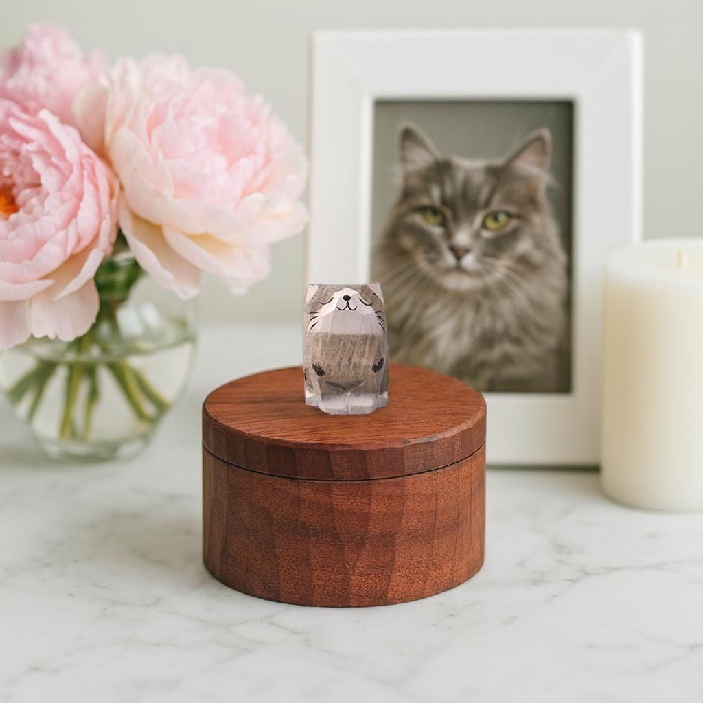 Handmade Wooden Cat Memorial Urn: Grey Tabby Figurine Keepsake by photo, pet memorial gift, pet personalised keepsake, Jewellery, Tea Jar