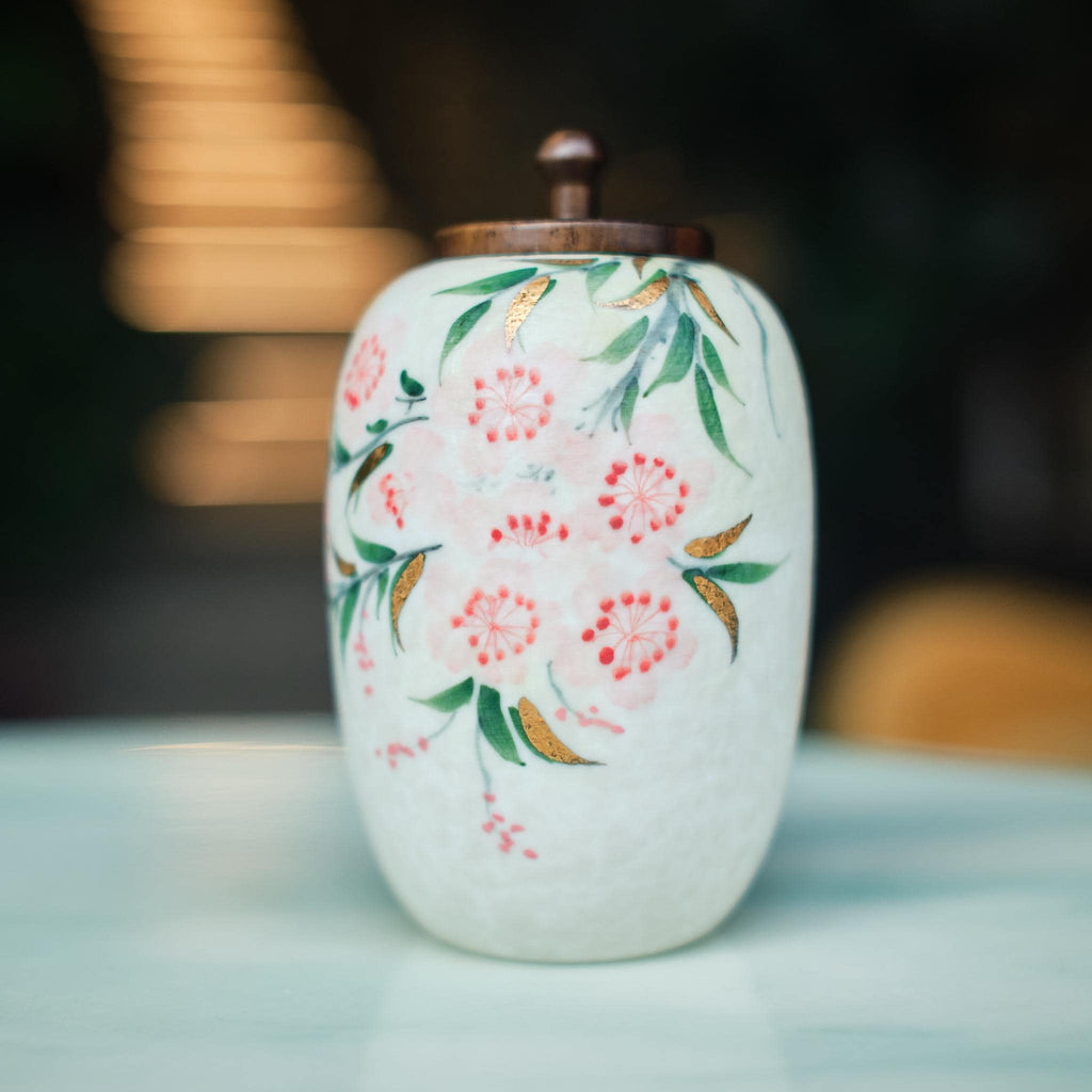 Small Handmade Ceramic Peach Blossom Urn with Wooden Lid | Oriental Pet Ashes Keepsake Jar | Pet Memorial Gift | Floral Decorative Tea Jar