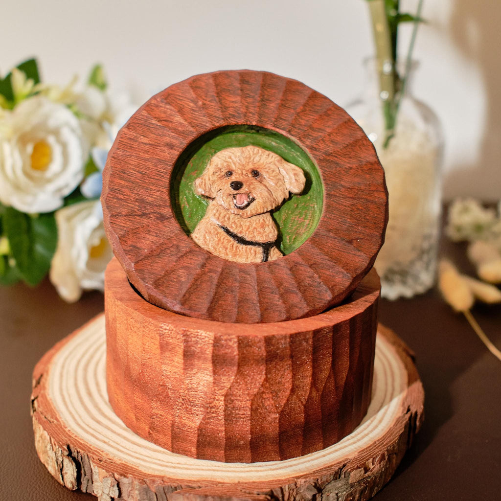 Custom Wooden Pet Memorial Urn with Hand Carved Portrait on Lid | Personalised Dog Cat Keepsake from Photo | Pet Loss Gift | Handmade Box