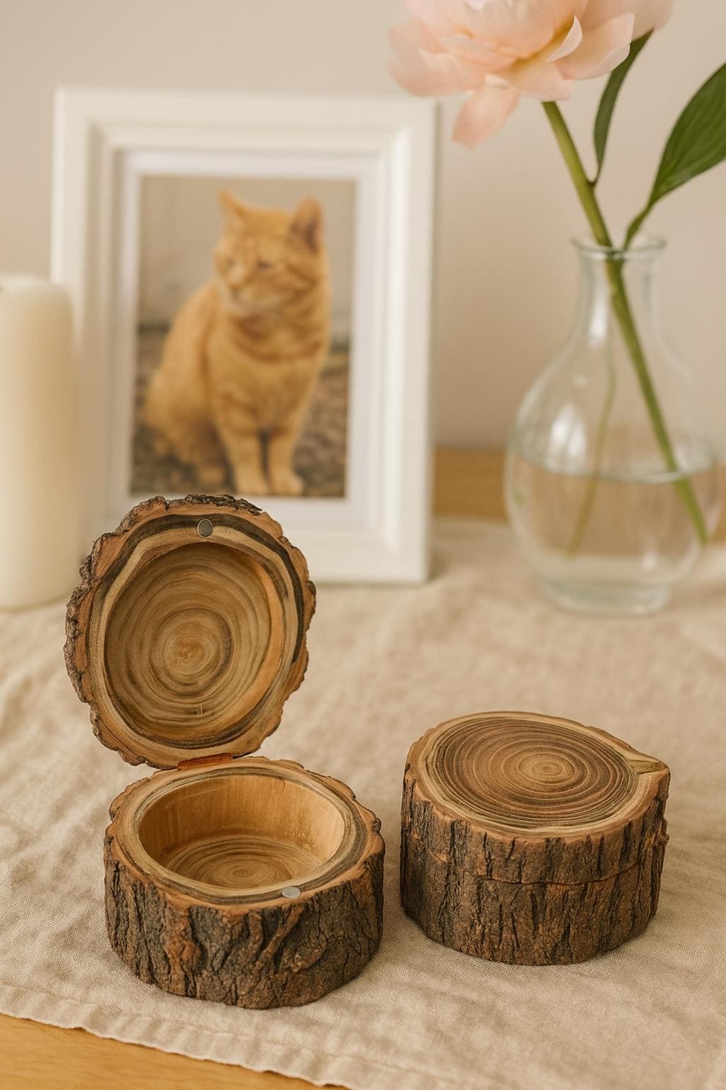 Rustic Wooden Bark Pet Memorial Box | Natural Tree Slice Ashes Urn | Keepsake Memory Trunk Box for Dog Cat Remembrance Gift | Jewellery Pot