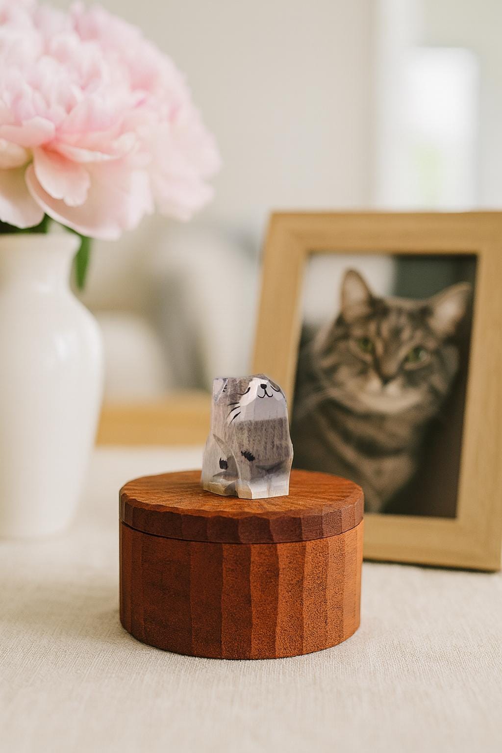 Handmade Wooden Cat Memorial Urn: Grey Tabby Figurine Keepsake by photo, pet memorial gift, pet personalised keepsake, Jewellery, Tea Jar