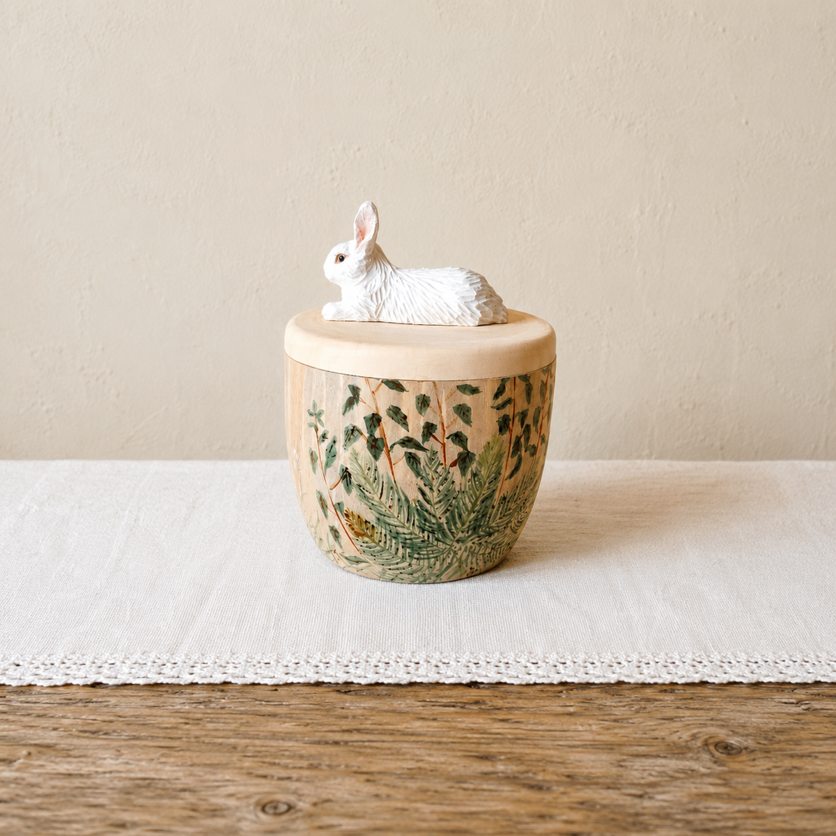 Hand-Painted Floral Rabbit Urn with Handmade Realistic Wooden Bunny Sculpture from Photo, Personalised Pet Memorial, Pet Keepsake Gift