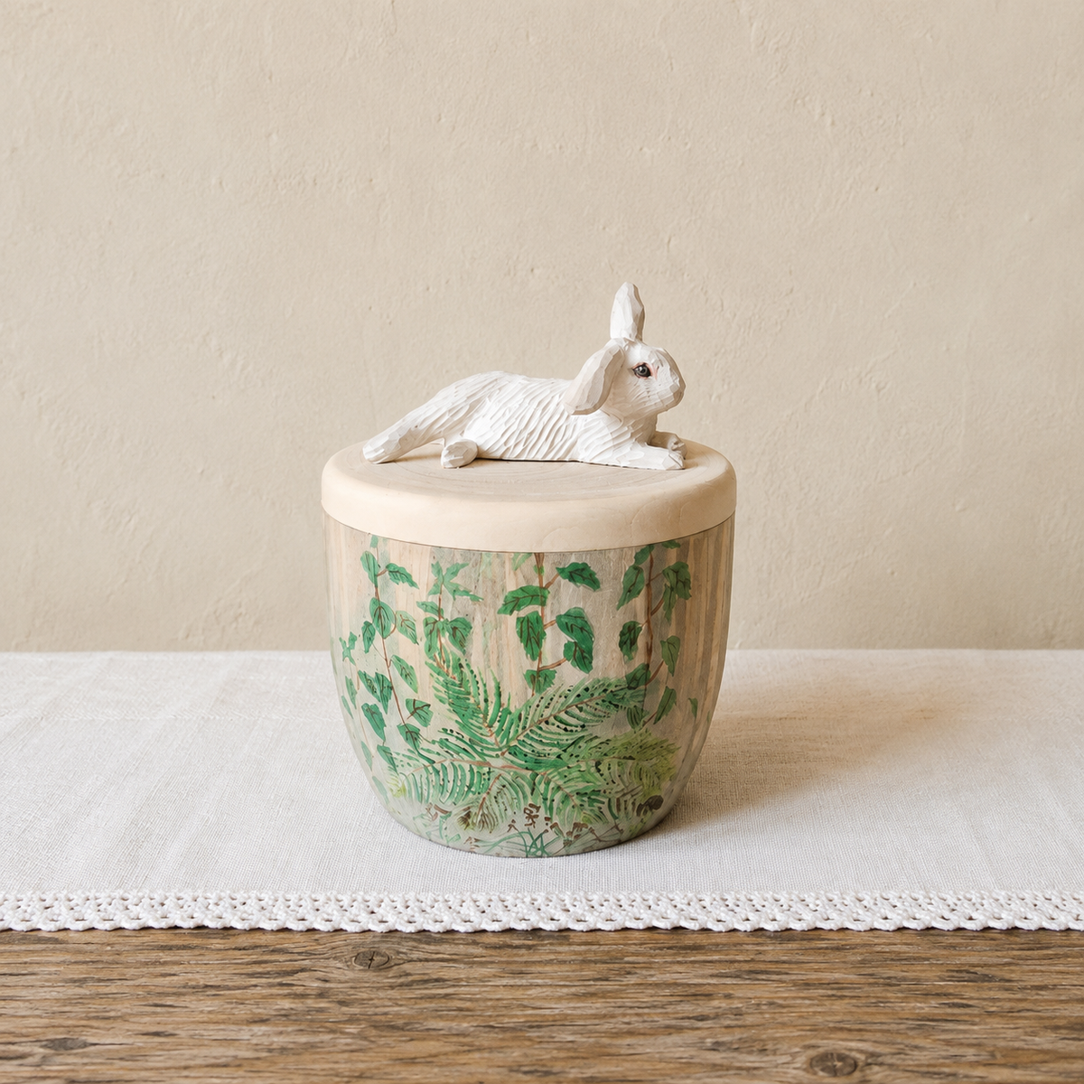 Hand-Painted Floral Rabbit Urn with Handmade Realistic Wooden Bunny Sculpture from Photo, Personalised Pet Memorial, Pet Keepsake Gift